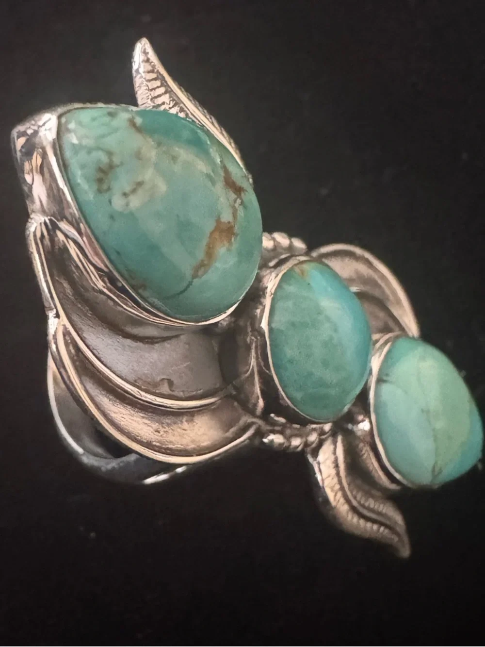 Genuine Turquoise Stone Sterling Silver statement ring- Blue Green Teardrop Trio